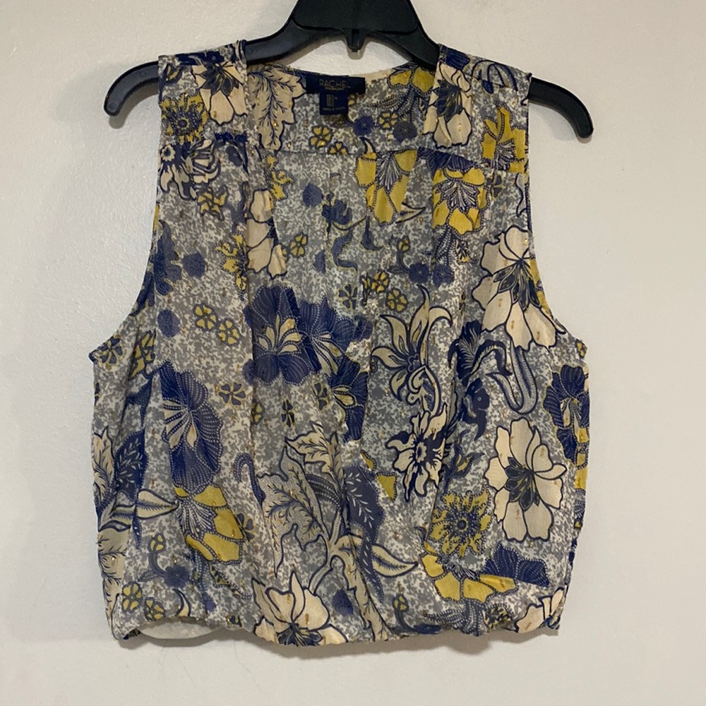 Rachel Zoe Sleeveless Ruched Glitter Gold Formal Floral Blouse Cross - Size L